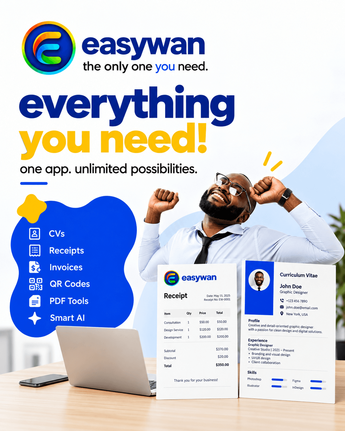 Easywan business illustration with a man at his desk, receipt and CV examples, and document, QR, PDF and Smart AI tools.