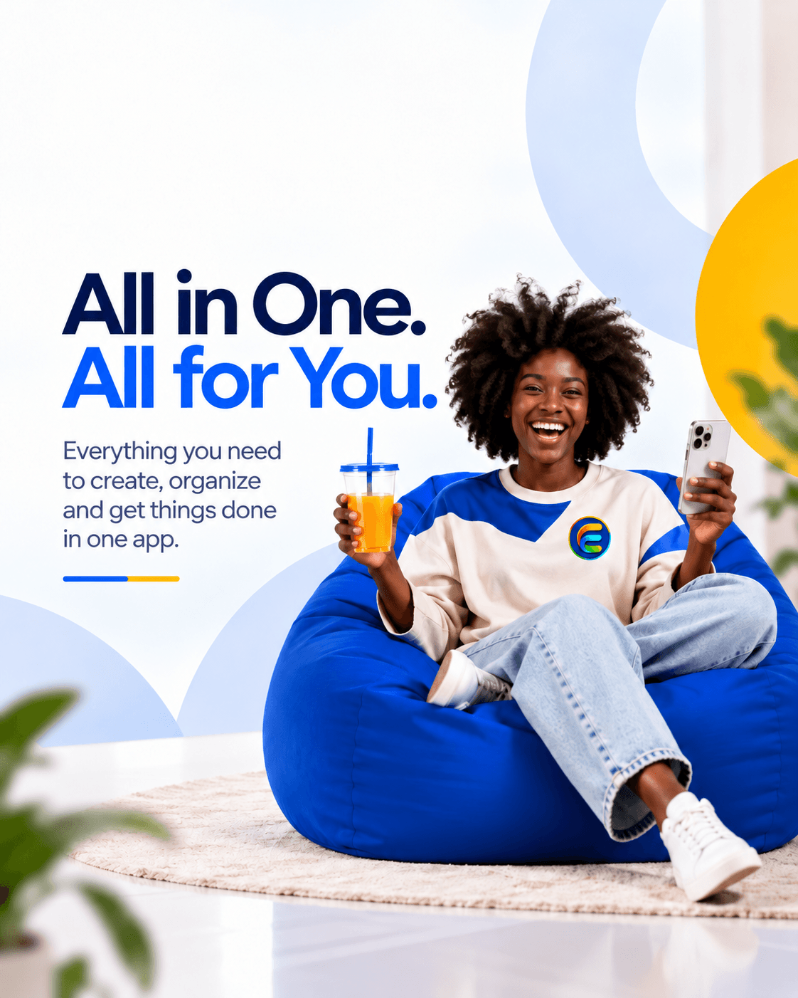 Easywan: All in One. All for You. A smiling woman relaxing with her phone in a blue chair.