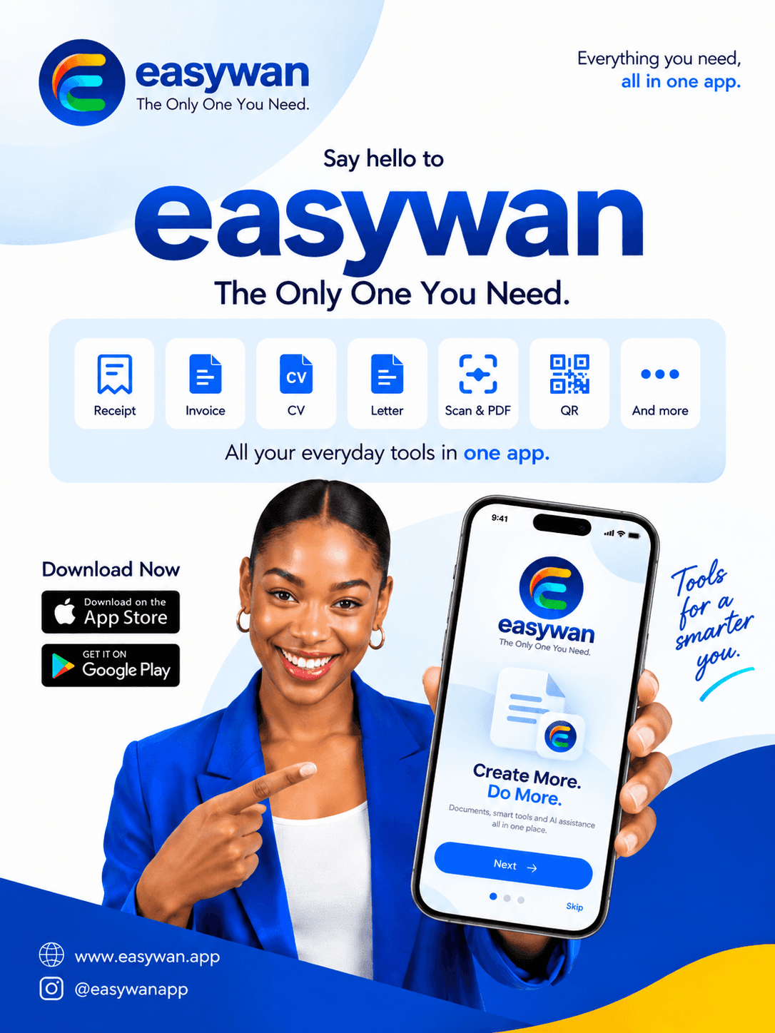 Easywan promotional poster with a woman in blue holding a phone showing Create More. Do More., everyday document tools and store badges. Store availability is listed separately on this page.