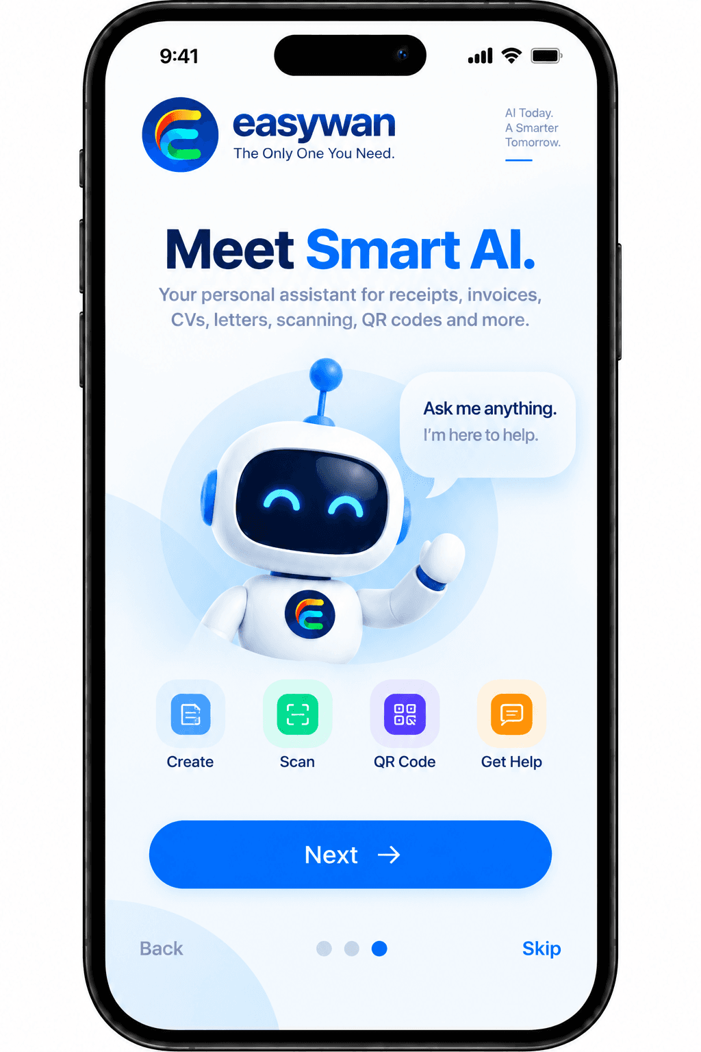 Easywan onboarding preview: Meet Smart AI. A helping hand with your everyday Easywan tools.