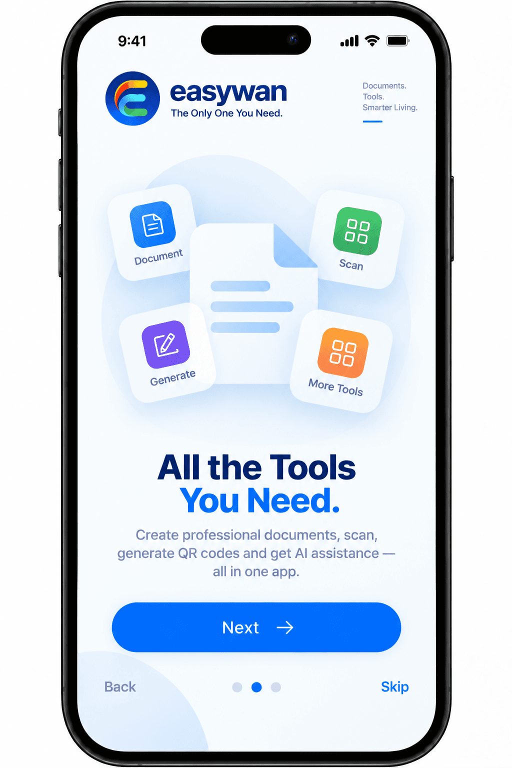 Easywan onboarding preview: All the tools you need. Create documents, scan and generate QR codes.