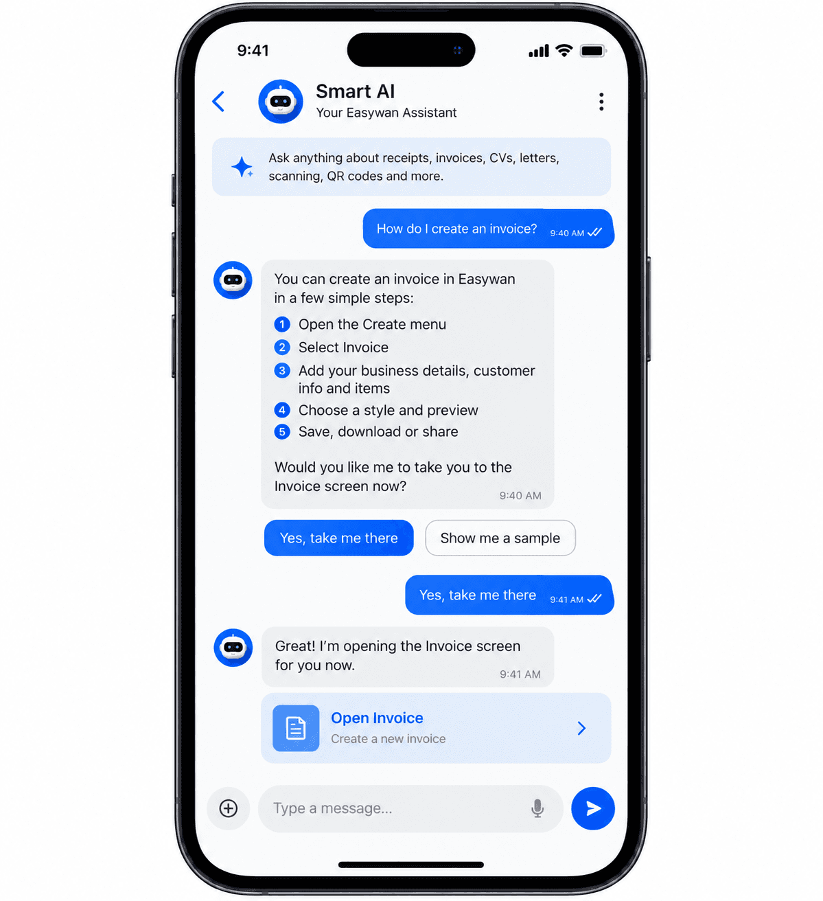 Smart AI chat in Easywan explaining how to create an invoice, asking before navigation, and offering an Open Invoice action.