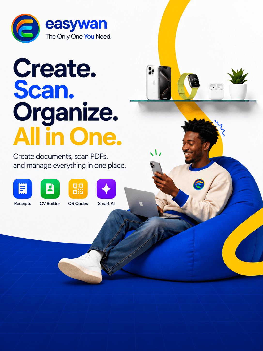 Easywan Create. Scan. Organize. campaign illustration with a man using his phone and the official Easywan logo on his shirt.