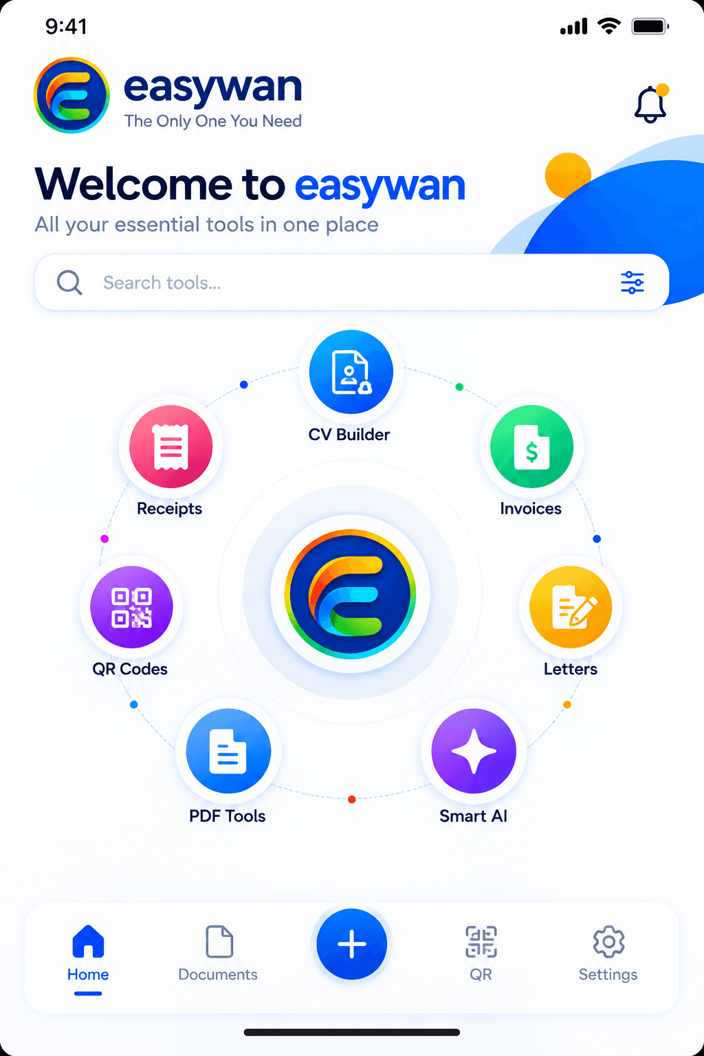 Easywan feature illustration showing CVs, receipts, invoices, letters, PDF tools, QR codes and Smart AI.